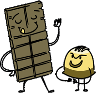 Cartoon of a smiling dark chocolate bar and a sinister chocolate truffle.