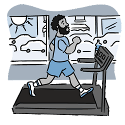 Cartoon of a man running indoors on a treadmill, with traffic visible through window. 