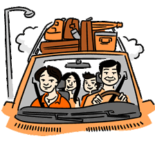 Cartoon of a family traveling in a car loaded with luggage.
