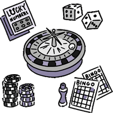 Cartoon of things used in gambling, including lottery ticket, dice and chips