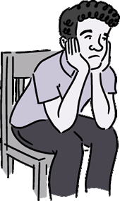 Cartoon of a man sitting in a chair with his chin on his hands.