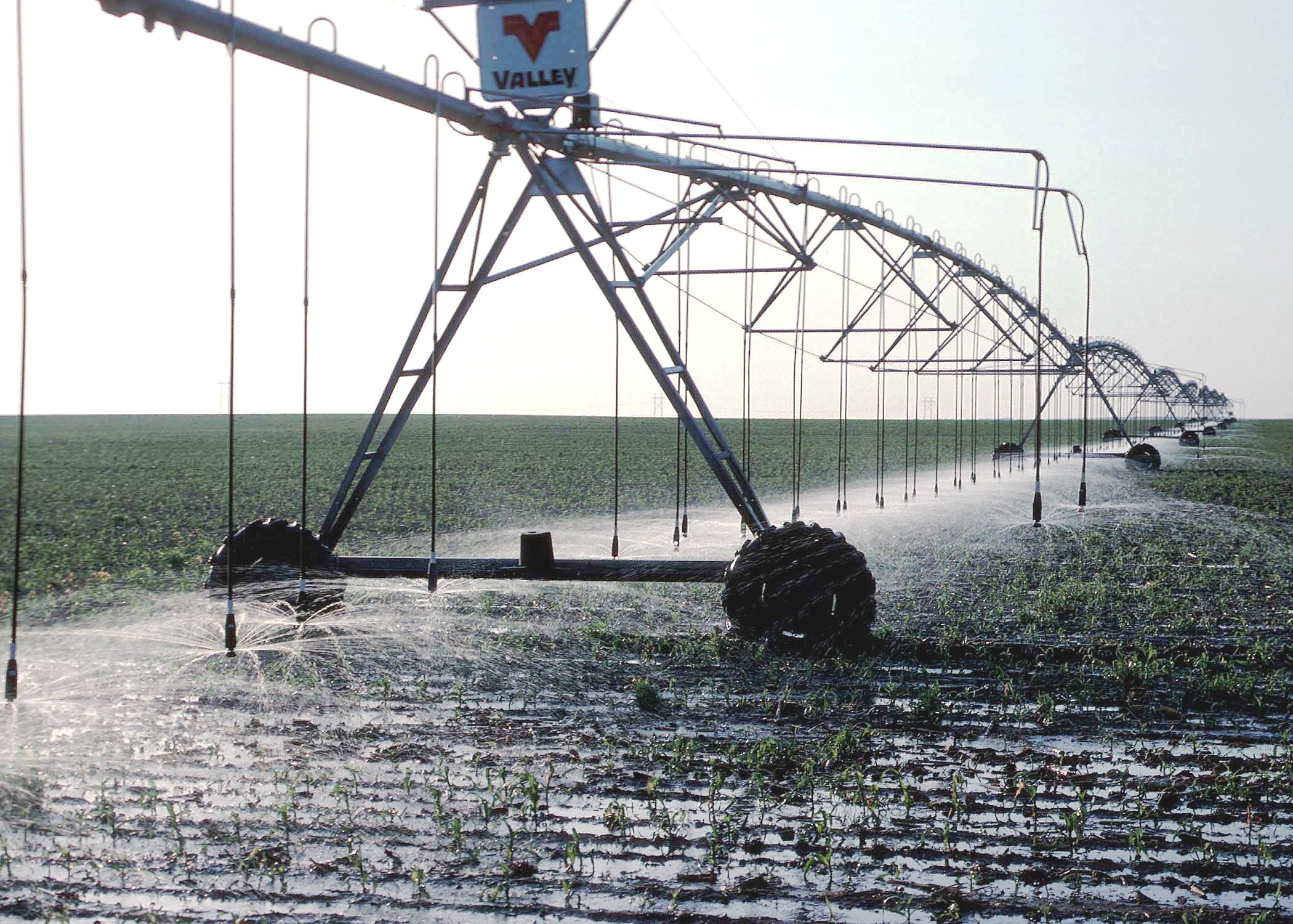 Irrigation system that travels on wheels, showing the emitters low to the ground to minimize evaporation