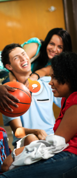 Group of teenagers. Orange circle with thought box: I don't smoke because I don't want bad breath or stinky clothes