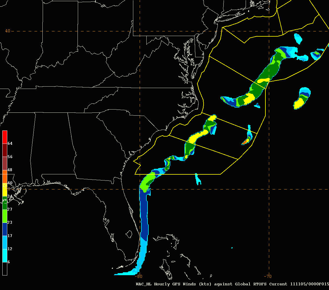 Areas of hazardous surface wave conditions in the Gulf Stream off the North Atlantic coast.
