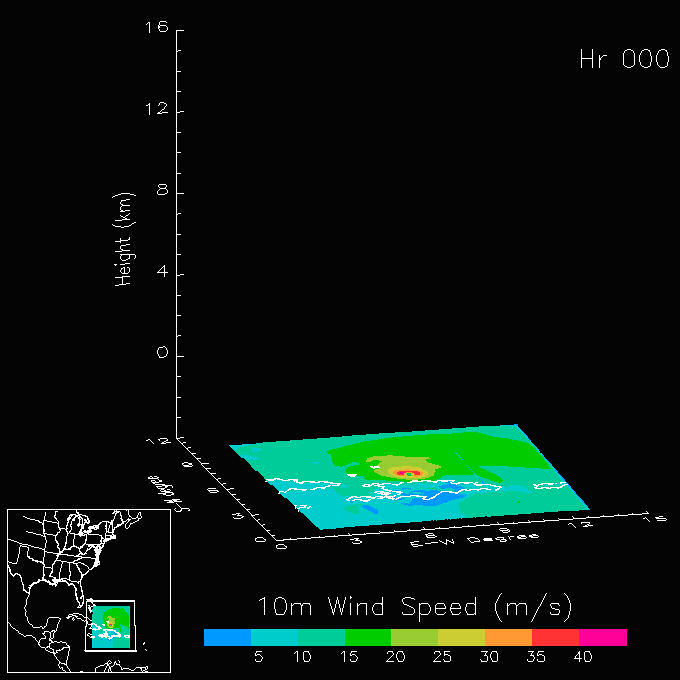 Animation of high-resolution 3km HWRF simulation of Hurricane Irene.  Cloud condensation fields are shown in gray, superimposed on 10m wind field shown in color.
