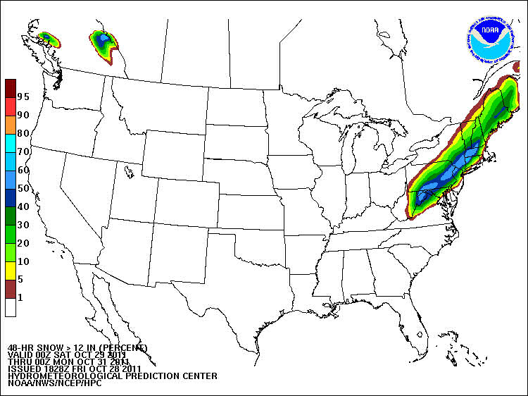 48-h probability of snowfall exceeding 12 inches by 00 UTC Monday 31 October 2011

