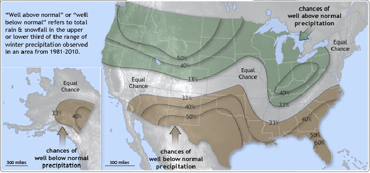December 2011 - February 2012 Precipitation Outlook:  Shaded areas are favored to have above average (green) or below average (brown) precipitation.
