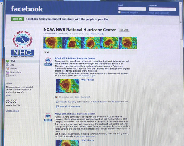 The NHC Facebook page as Major Hurricane Irene approached the Bahamas.
