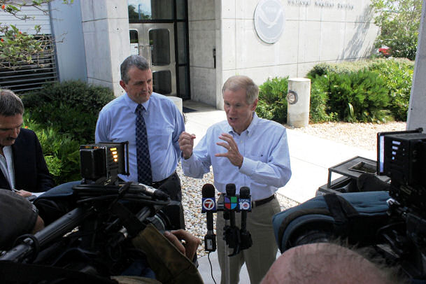 U.S. Senator Bill Nelson (D.-Fla.) and NOAA National Hurricane Center Director Bill Read speak to the media regarding proposed funding cuts to NOAA's hurricane hunter program.
