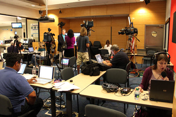 The NHC media room during Hurricane Irene as the storm approached the Northeast.
