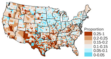 U.S. map shows the relative proportion of residents without health insurance. The original data contains many small regions.
