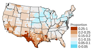 U.S. map shows the relative proportion of residents without health insurance. After head-bang smoothing is applied, regions are larger and more broadly defined.