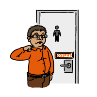 Cartoon of a man anxiously waiting to use an “occupied” restroom.
