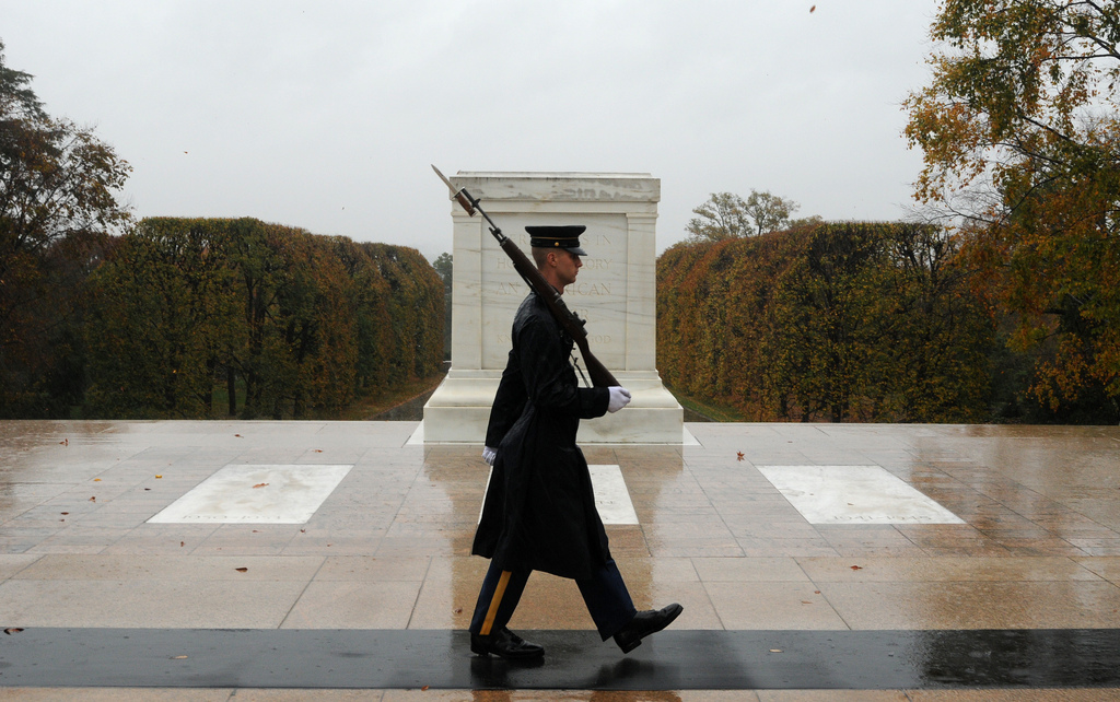 Image description: U.S. Army Spc. Brett Hyde, with the 3rd U.S. Infantry Regiment, performs sentinel duty at the Tomb of the Unknowns before the arrival of Hurricane Sandy.
Every year a ceremony is held on Veterans Day at Arlington National Cemetery. It begins with a wreath laying at the Tomb of the Unknowns.
Learn more about Veterans Day.
Photo by Sgt. Jose A. Torres Jr., U.S. Army.