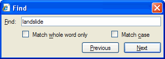 text box in the find window with the word landslide in it