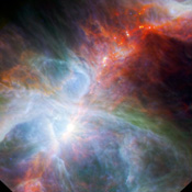 NASA's Spitzer Space Telescope and ESA's Herschel mission combined to show this view of the Orion nebula, found below the three belt stars in the famous constellation of Orion the Hunter, highlights fledgling stars hidden in the gas and clouds.