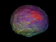 These infrared and visible light images have been combined and represented in colors that highlight the nature of the minerals on Vesta's surface