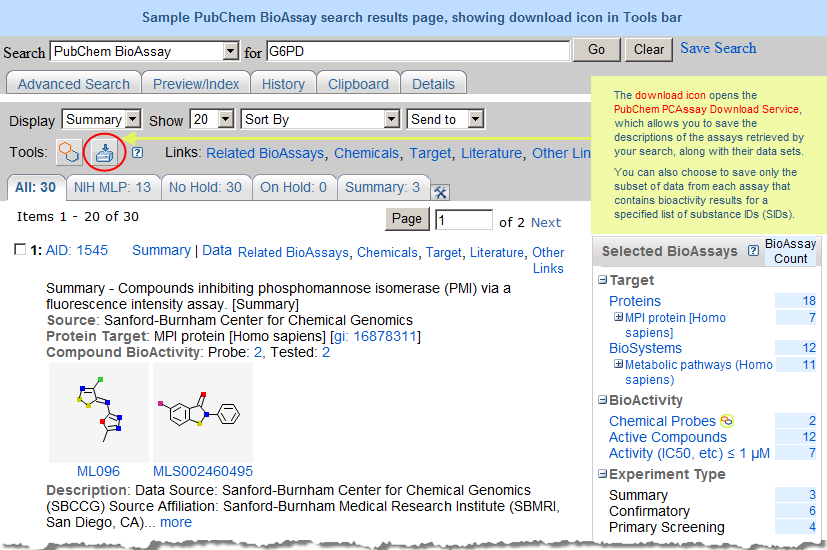 Sample PubChem BioAssay search results page from a search for G6PD. The Tools row at the top of the page shows the download icon.