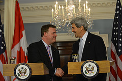 Secretary Kerry Shakes Hands With Canadian Foreign Minister Baird