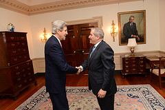 Secretary Kerry Shakes Hands With Jordanian Foreign Minister Judeh