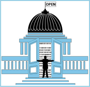 A stylized image of the U.S. Capitol, with a flag on the top spire that reads: Open. A large double-set of doors take up most of the middle section of the Capitol, from the front steps almost to the dome. The doors are being opened by the silhouette of an anonymous person. Behind the doors, lines of binary code, a wall of zeros and ones, are visible.