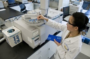 FDA chemist uses gas chromatography to measure levels of melamine in food samples. 