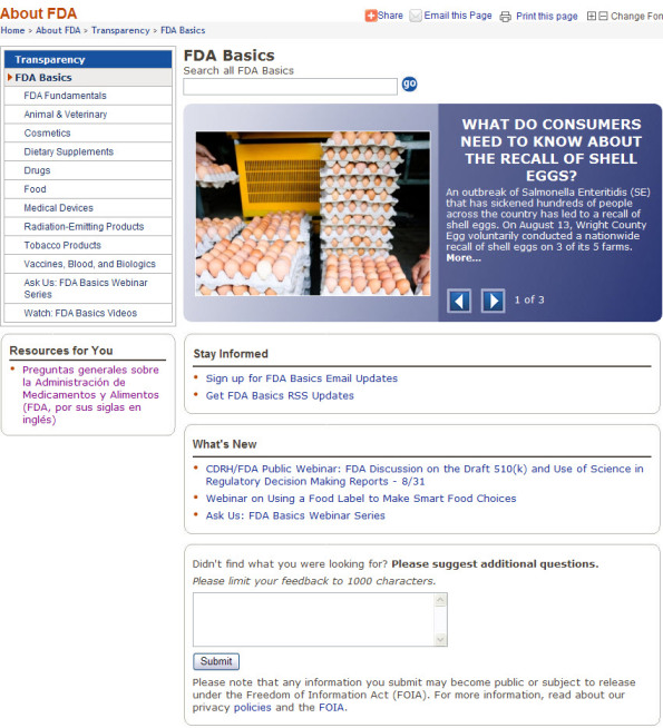 Screen shot of current FDA Basics Main Page