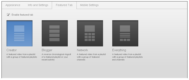 Under the “Featured Tab” all YouTube users, including those under the HHS Terms of Service agreement, have the ability to choose between four different channel options: Creator, Blogger, Network, Everything. 