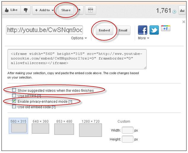 On the YouTube page with your video, click “Share” – click “Embed” – make sure the only box checked under that is “Enable privacy-enhanced mode.” You can customize also customize the size of your embedded video. 