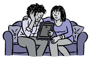 Cartoon of two women talking and looking at a photograph