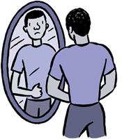 Cartoon of muscular man frowning at reflection in mirror