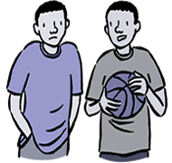Cartoon of 2 young African-American men talking, one holding a basketball
