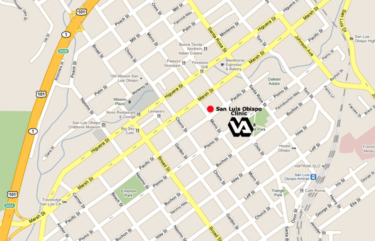 Map of area surrounding the San Luis Obispo VA clinic