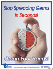Hand holding a stopwatch. Text - Stop spreading germs in seconds, clean your hands