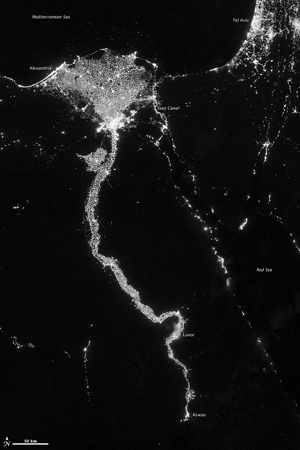 Nighttime view of the Nile River Valley and Delta.