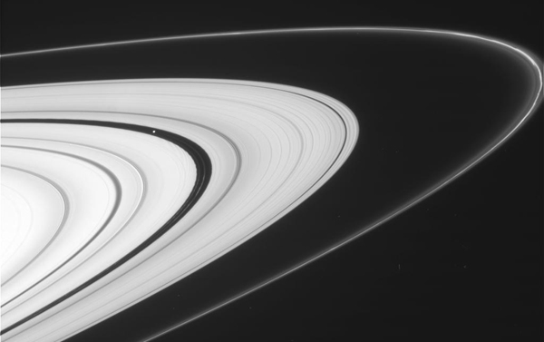 This view, from the imaging camera of NASA's Cassini spacecraft, shows the outer A ring and the F ring of Saturn