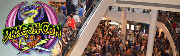crowd of people moving through the hotel at DragonCon
