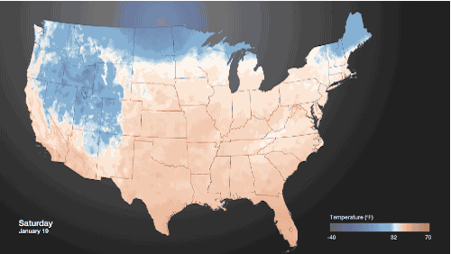 Image description:
From NOAA Visualizations:

A drop in the jet stream sent temperatures across the United States plummeting over the Martin Luther King Jr. Holiday weekend. The pronounced change in temperatures can be seen in this weather data from NOAA/NCEP&#8217;s Real-Time Mesoscale Analysis. Areas colored blue are below freezing. The diurnal cycle of heating and cooling can be seen over time, but the pattern is clear: much of the U.S. is pretty cold.
