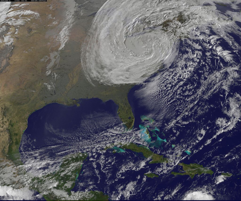 Image description: A satellite captured this image of Post-Tropical Sandy rolling inland on Tuesday, October 30 at 6:02 a.m. EDT. It lost its hurricane status on Monday and is now considered an extratropical cyclone.
Photo by NASA.