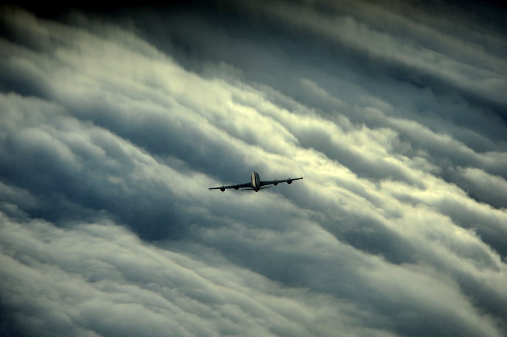 Image description: A KC-135 Stratotanker with the 756th Air Refueling Squadron flies through storm clouds off the east coast of Florida.
Photo by Master Sgt. Jeremy Lock, U.S. Air Force.