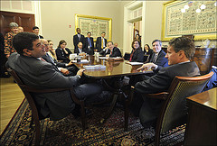 Secretary Geithner presides over his final senior staff meeting as Treasury Secretary