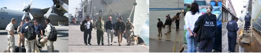 Collage - Agents in front of airplane, agents in front of ship, agent arresting suspect, agent walking up ship plank
