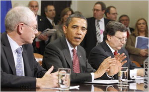 President Obama, flanked by European Council President Herman Van Rompuy, left, and European Commission President Jose Manuel Barroso, speaks to the media at the White House.