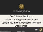 Still image linking to the recorded seminar Don't Jump the Shark: Understanding Deterrence and Legitimacy in the Architecture of Law Enforcement, uses Adobe Presenter