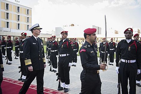 Chief of Naval Operations (CNO) Adm. Jonathan Greenert performs a troop inspection as part of a full honors ceremony upon his arrival at the Royal Saudi Naval Forces (RSNF) headquarters building. The goals of Greenert's trip to the Kingdom of Saudi Arabia were to show continued support and cooperation between U.S. and Saudi naval forces.  U.S. Navy photo by Mass Communication Specialist 1st Class Peter D. Lawlor (Released)  130210-N-WL435-038