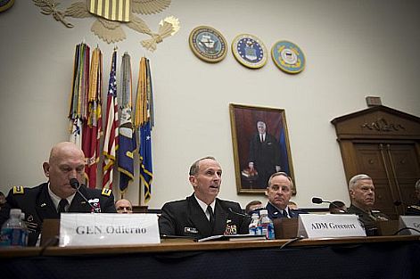 Chief of Naval Operations (CNO) Adm. Jonathan Greenert, center left, testifies before the House Armed Services Committee on the impacts of a continuing resolution and sequestration on military readiness and defense capabilities. With Greenert are, from left, Chief of Staff of the Army Gen. Raymond T. Odierno, Chief of Staff of the Air Force Gen. Mark A. Welsh III, and Commandant of the Marine Corps Gen. James F. Amos.  U.S. Navy photo by Mass Communication Specialist 1st Class Peter D. Lawlor (Released)  130213-N-WL435-075
