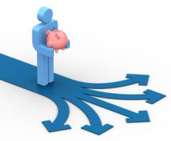 standing figure holding a piggy bank with directional arrows in front of him