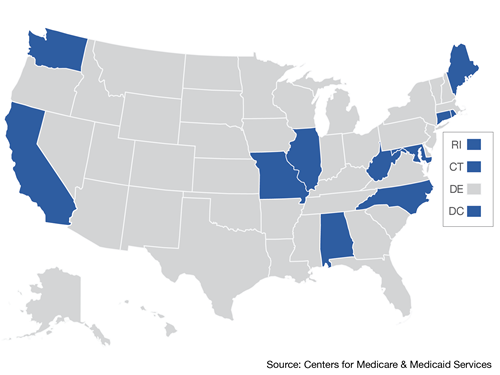 US Map of the States participating in the Medicaid ER Psych demonstration