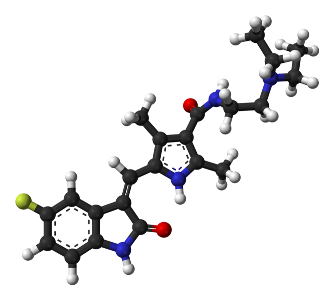 Colored image of ball-and-stick model of sunitinib molecule, the white balls are hydrogen, the black are carbon, the blue are nitrogen, and the red are oxygen, the green is fluorine. 
