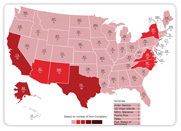 Map of United States with number of non-compliers displayed by state (see Text View)